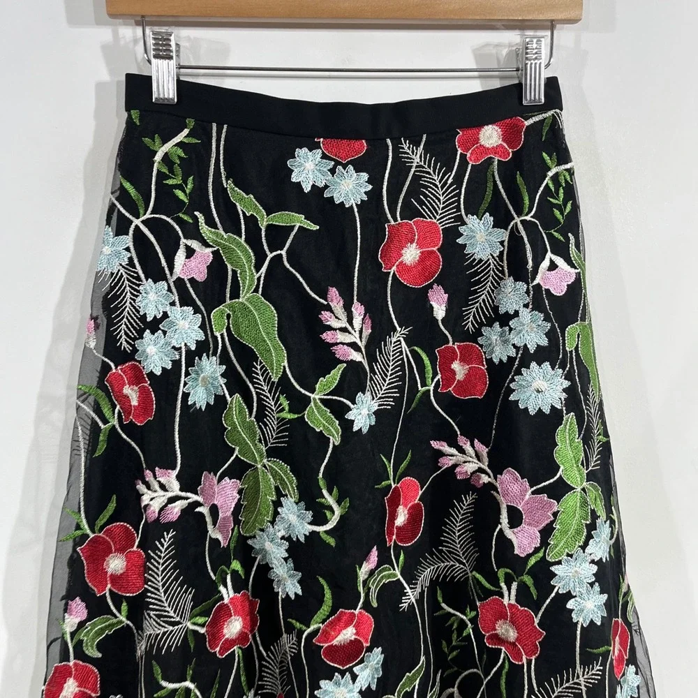 Eva Franco Fairy Grunge Boho Floral Embroidered Mesh Midi Skirt Size 4 Feminine